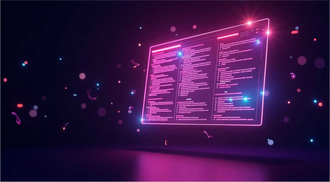 A glowing pink and blue futuristic screen