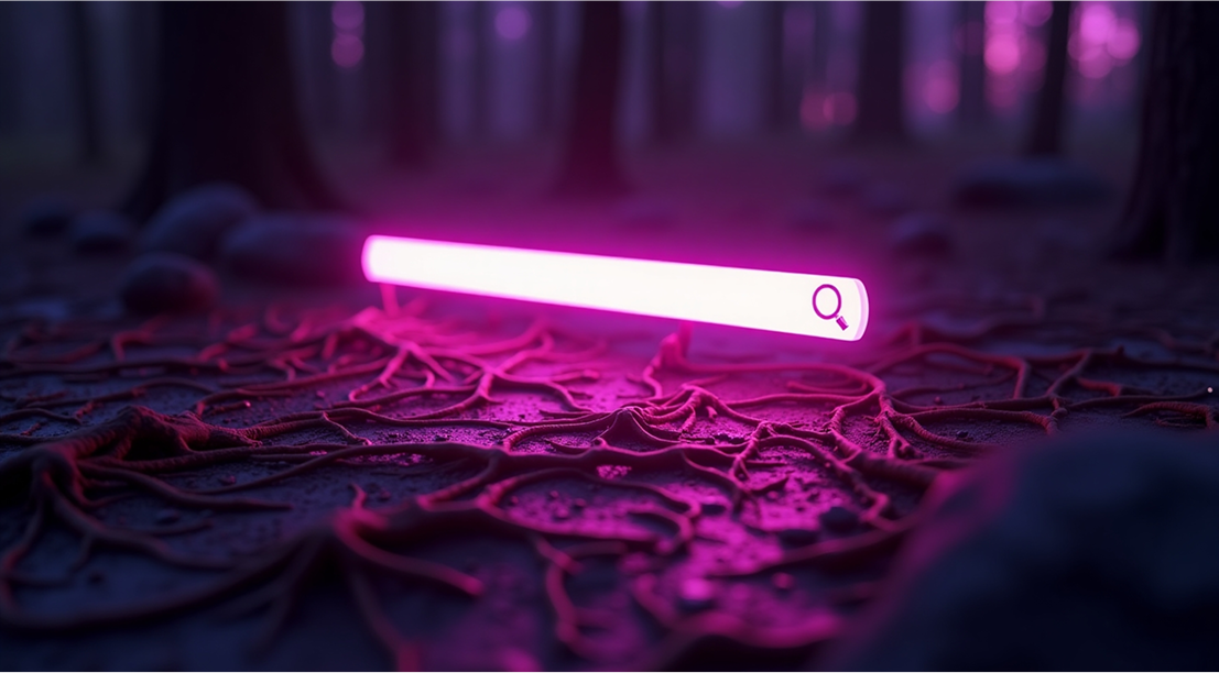 A glowing search bar lies on intertwined roots
