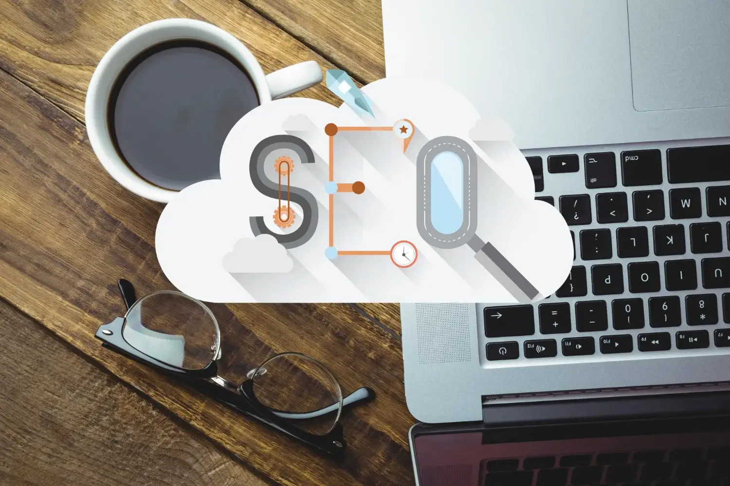 SEO concept with laptop and coffee
