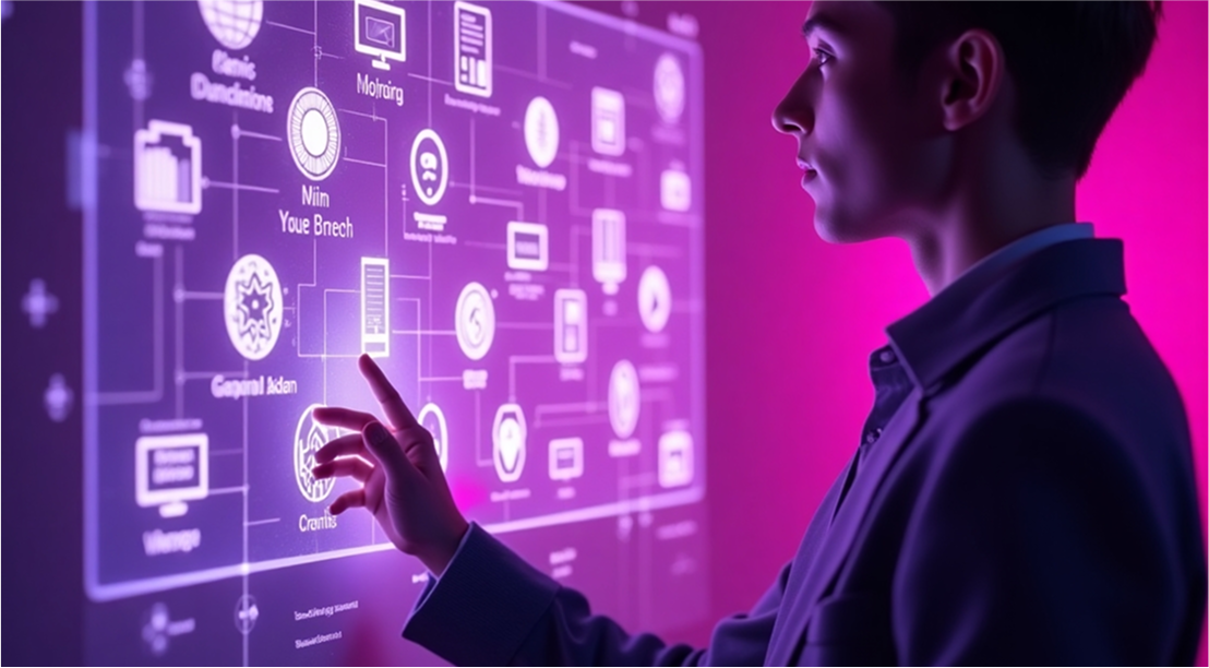 A person interacting with a futuristic screen