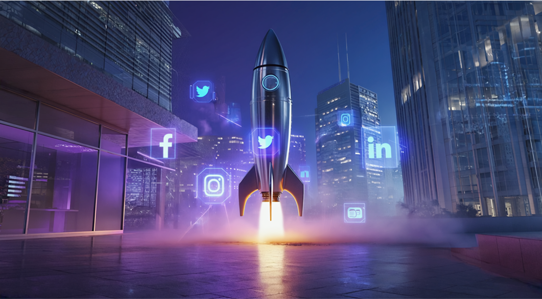 A rocket taking off amidst social media icons