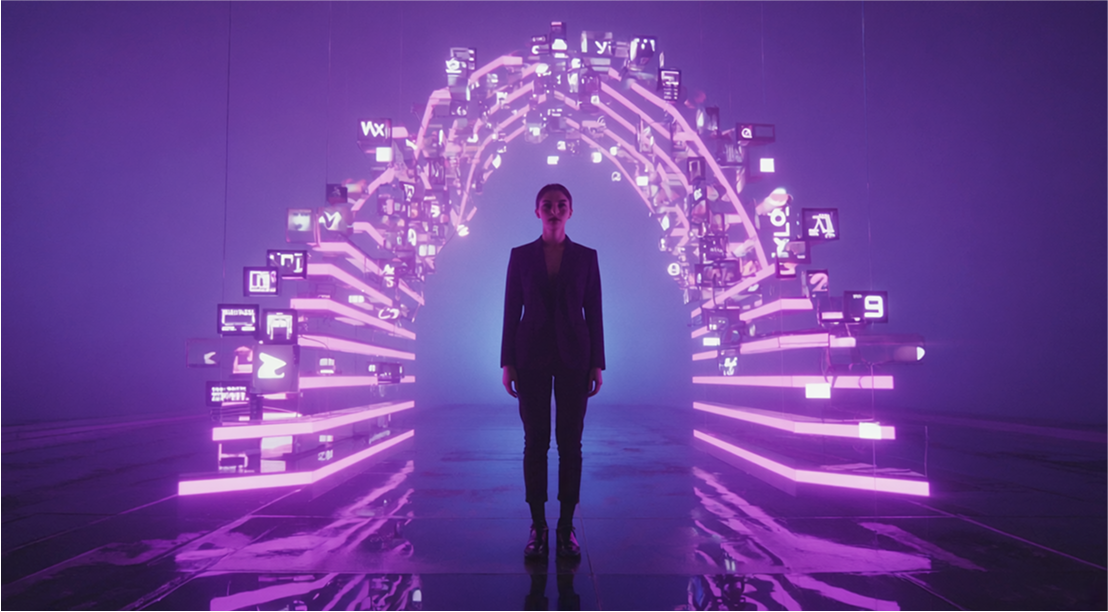 A woman stands in a dark room