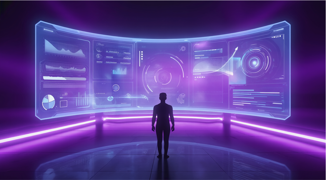 A person viewing a large, curved digital screen