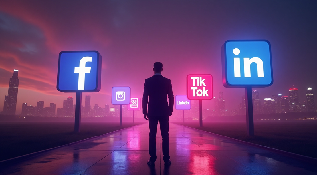 A person stands on a path lined with social media icons