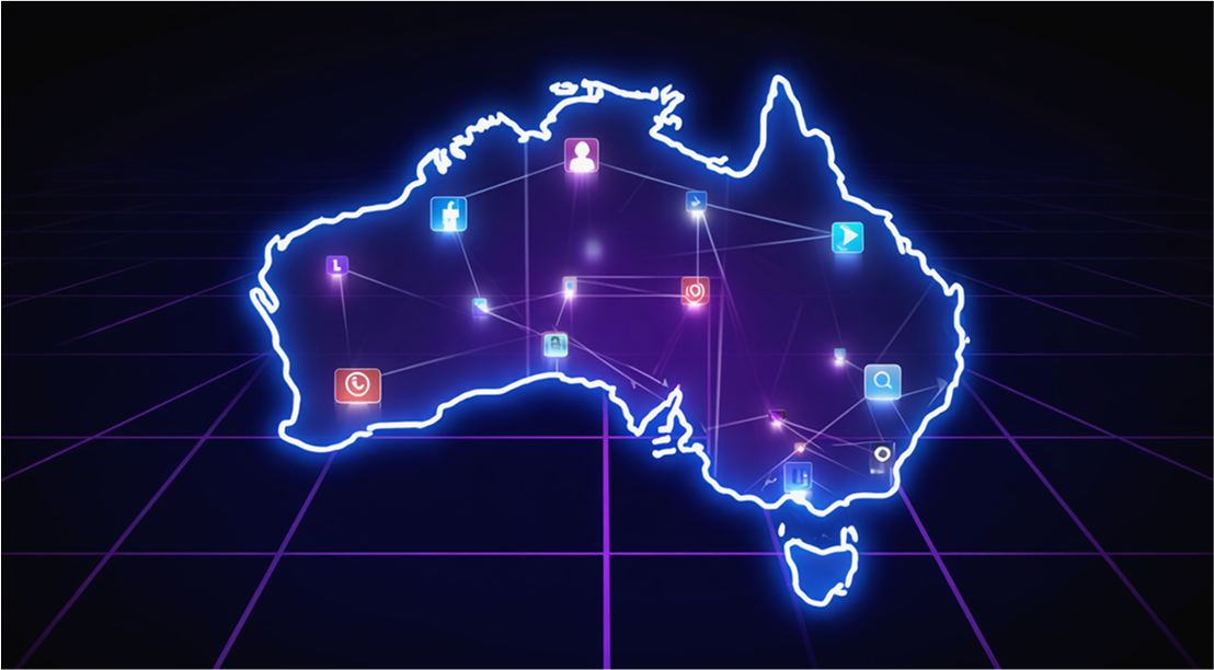 A neon outline of Australia with connected icons